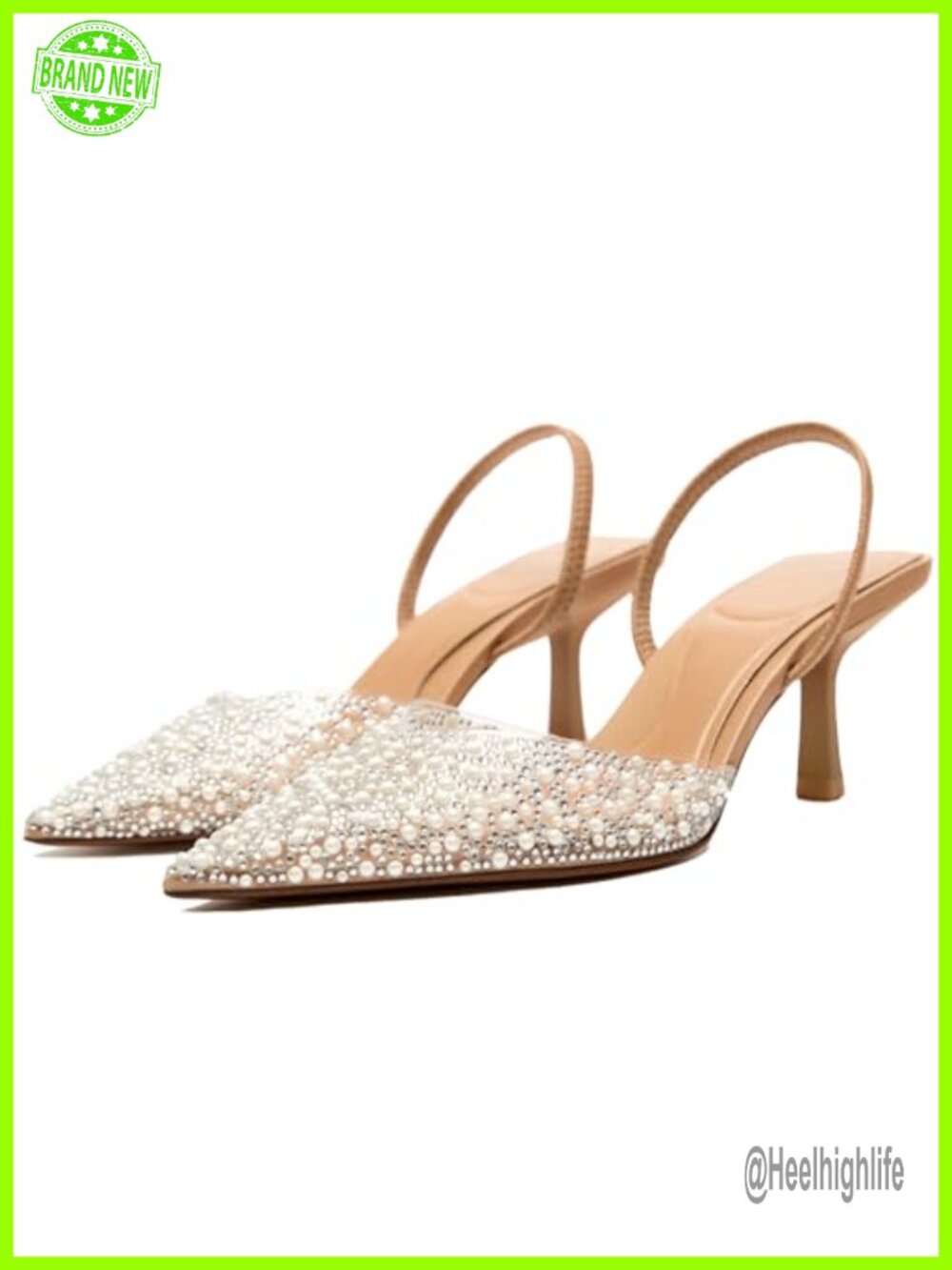 Women's Pearl Rhinestone Clear Slingback Kitten Heels Pointed Toe Slip On